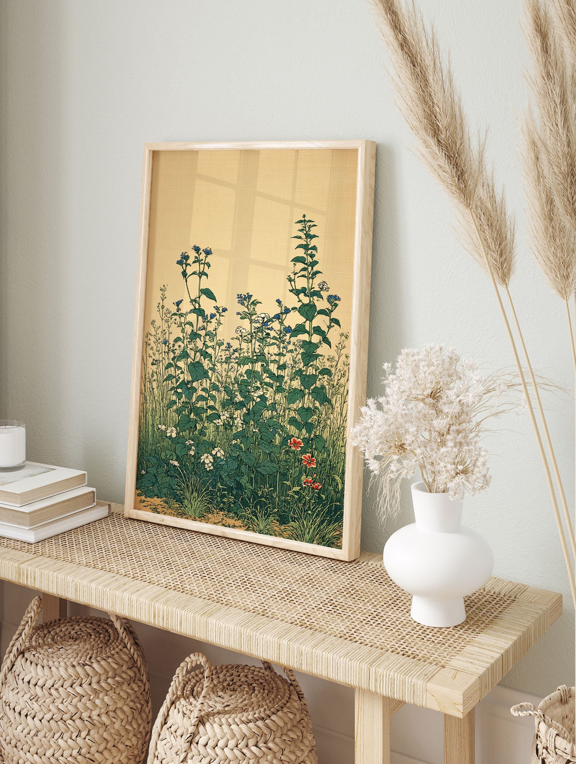 Botanical wall art print of a Japanese wildflower garden with green leaves, blue, white, and red flowers on a beige background. - Image 3