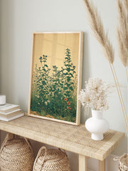 Botanical wall art print of a Japanese wildflower garden with green leaves, blue, white, and red flowers on a beige background. - Image 3