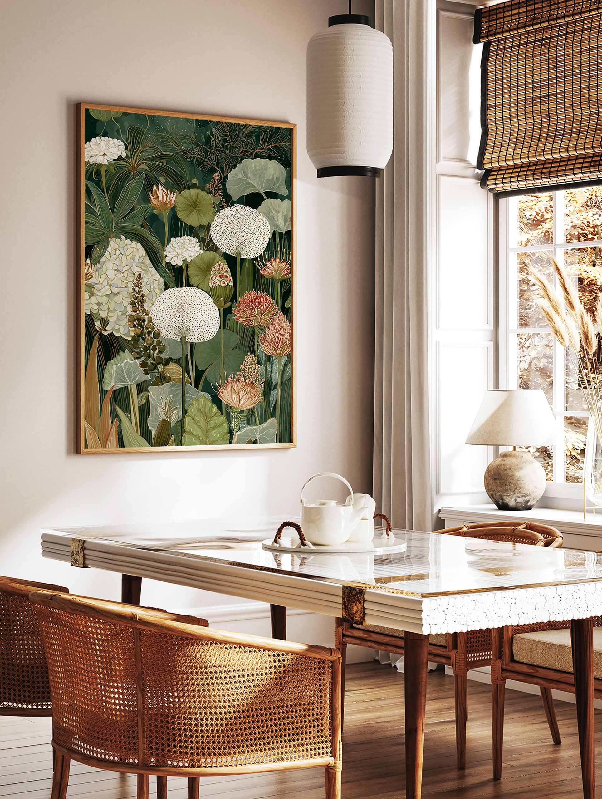 Detailed botanical wall art print with white and reddish-orange flowers and green leaves on a dark green background. - Image 2