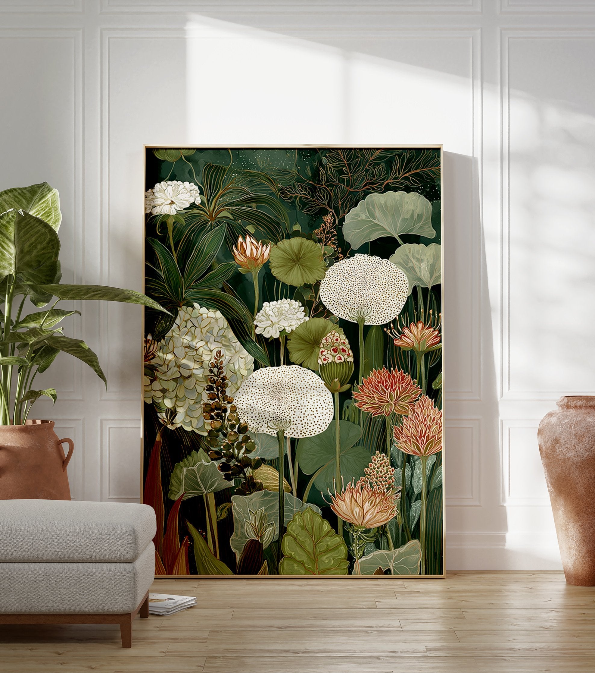 Detailed botanical wall art print with white and reddish-orange flowers and green leaves on a dark green background. - Image 3