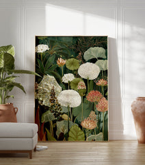 Detailed botanical wall art print with white and reddish-orange flowers and green leaves on a dark green background. - Image 3
