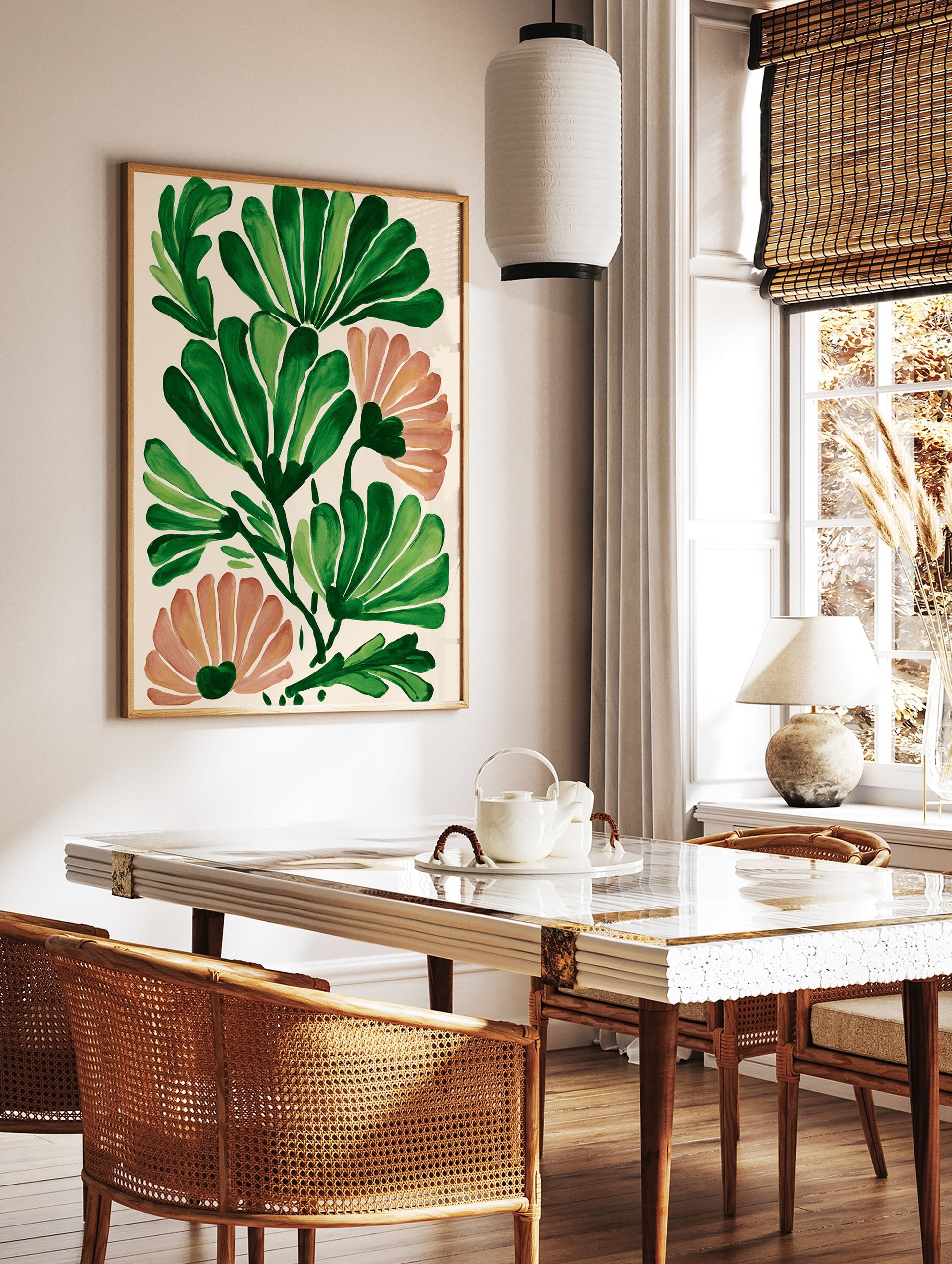 Modern botanical wall art with stylized green leaves and peach flowers on a light cream background. - Image 2