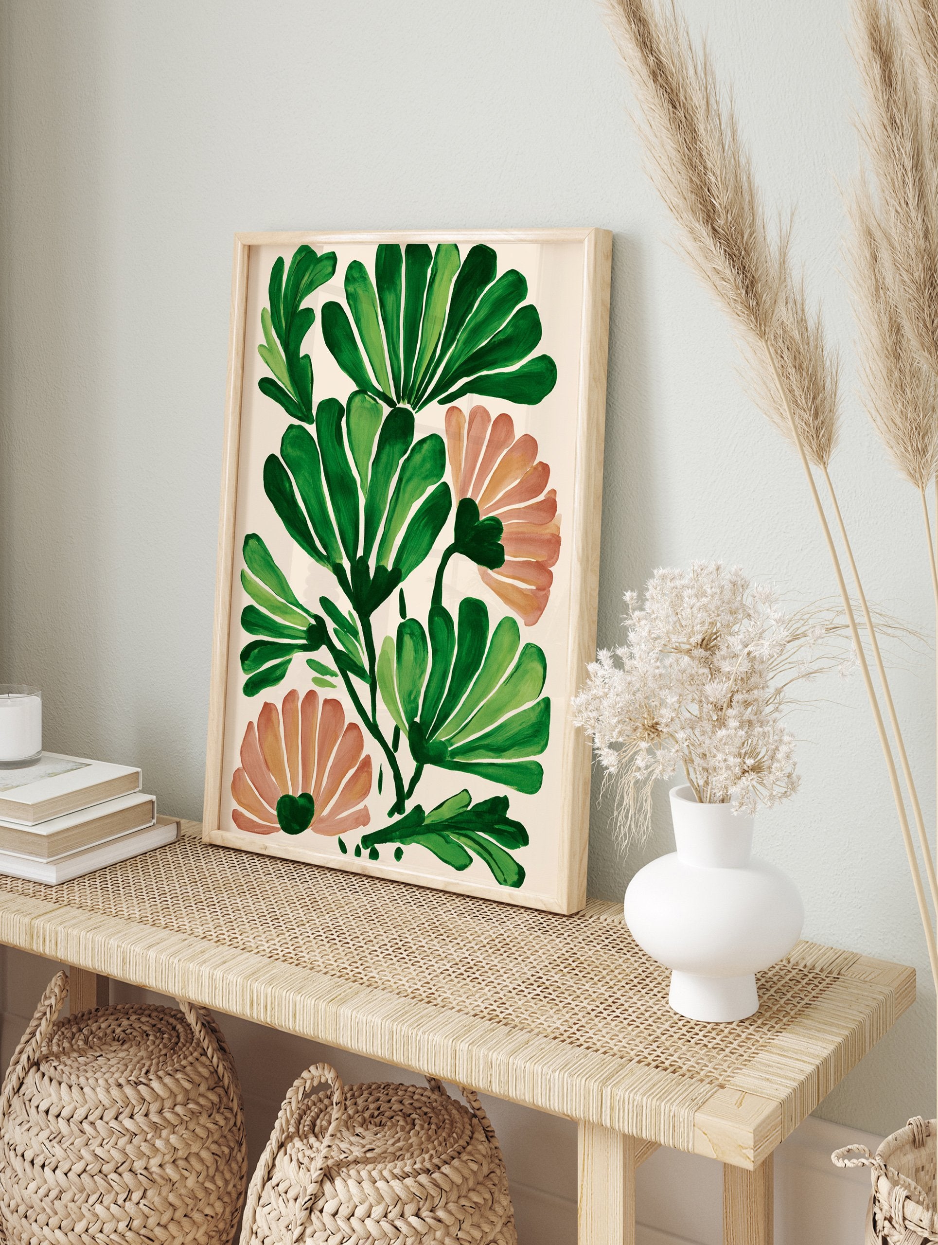 Modern botanical wall art with stylized green leaves and peach flowers on a light cream background. - Image 3