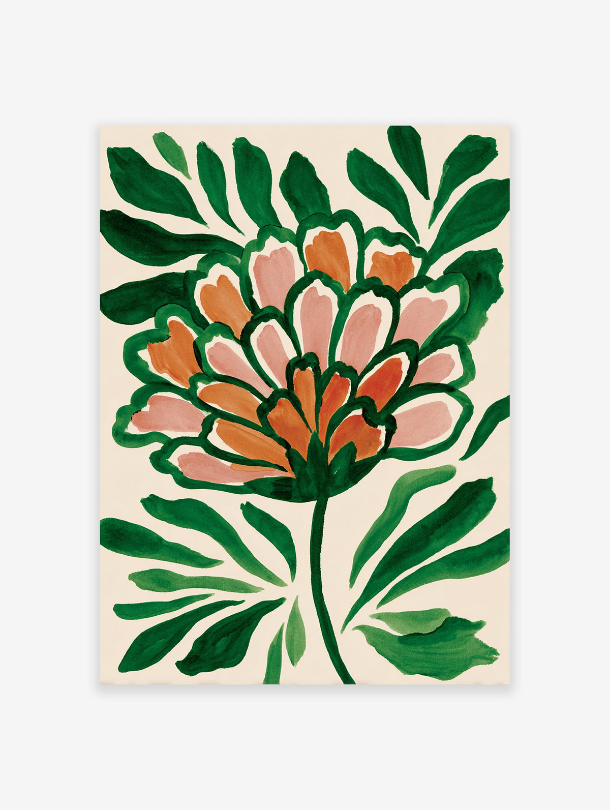 Modern botanical wall art print of a stylized green, orange, and pink flower on a light background
