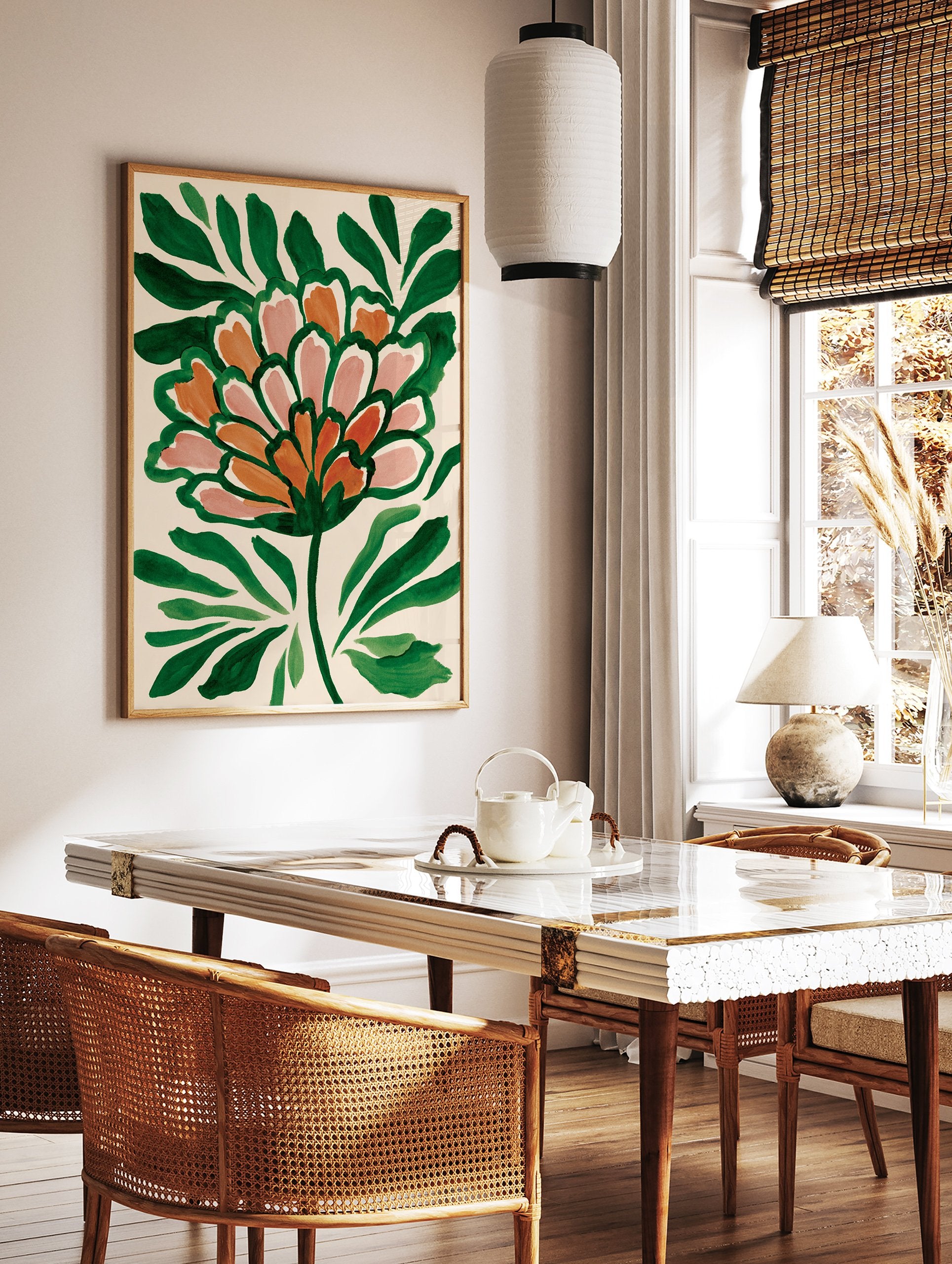 Modern botanical wall art print of a stylized green, orange, and pink flower on a light background - Image 2