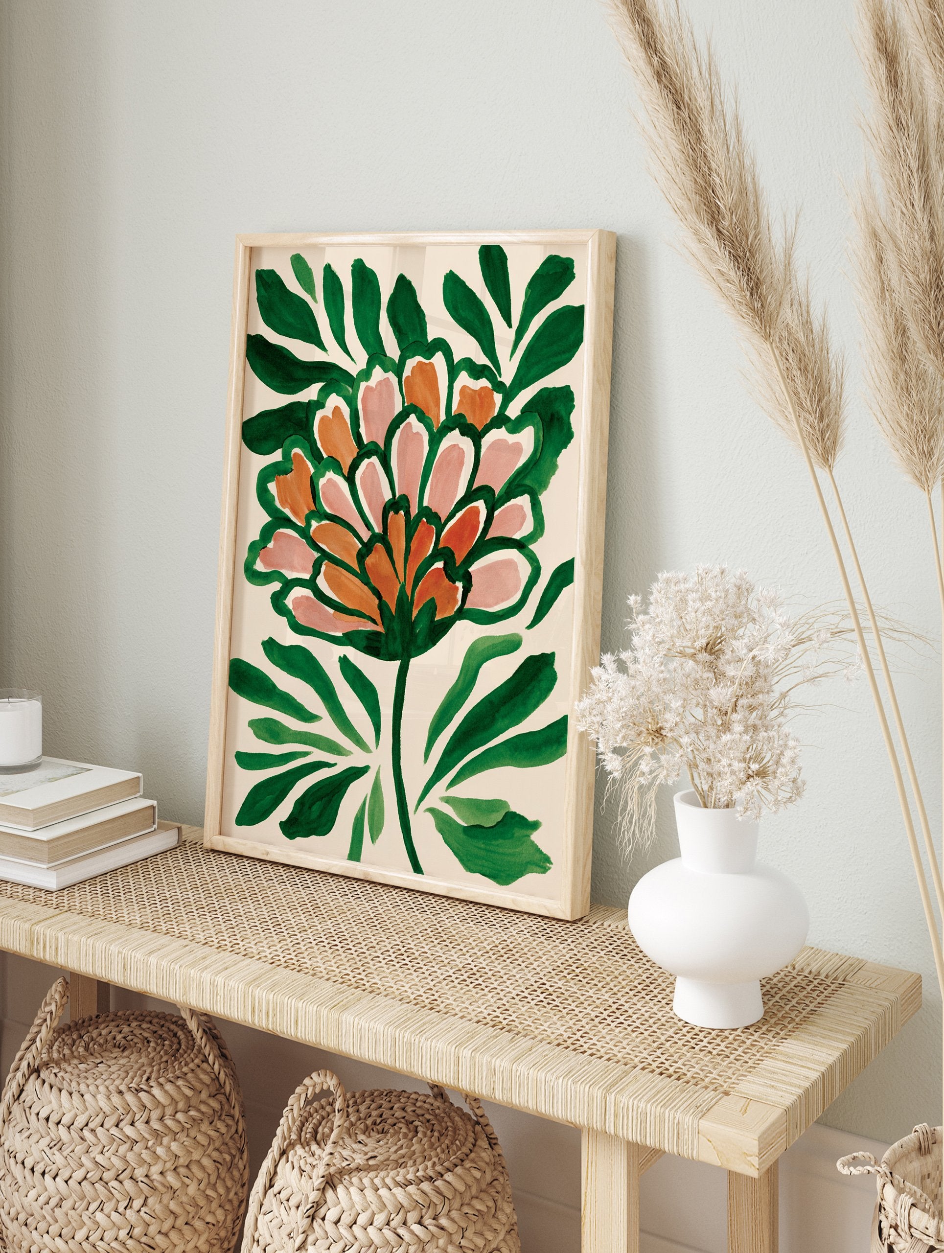 Modern botanical wall art print of a stylized green, orange, and pink flower on a light background - Image 3