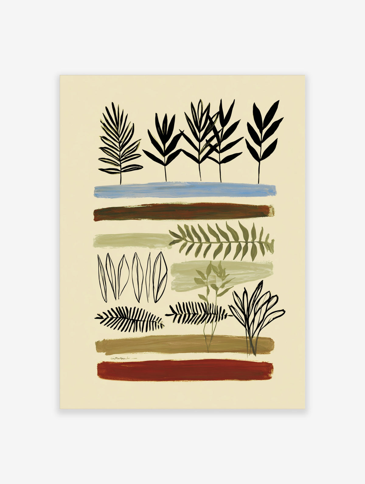 Botanical wall art print with black leaf silhouettes, green fern, and painted colour bands on cream background