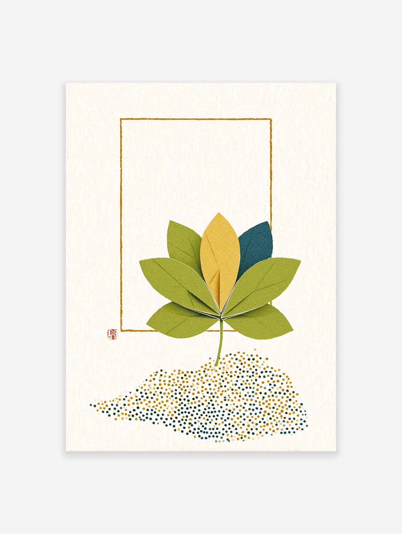 Modern botanical wall art print featuring a paper craft flower with green, yellow, and blue leaves, framed by a gold outline.