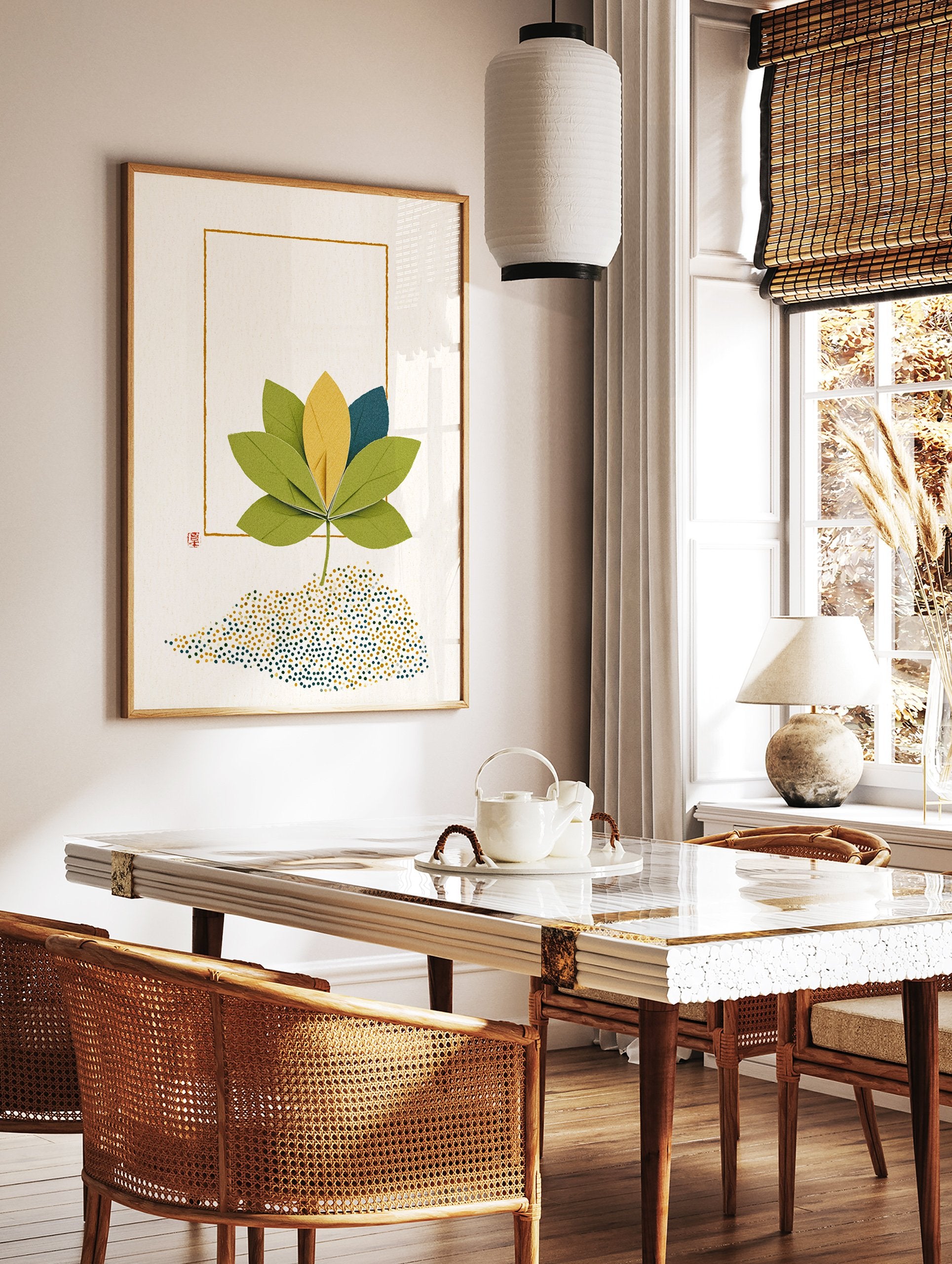 Modern botanical wall art print featuring a paper craft flower with green, yellow, and blue leaves, framed by a gold outline. - Image 2