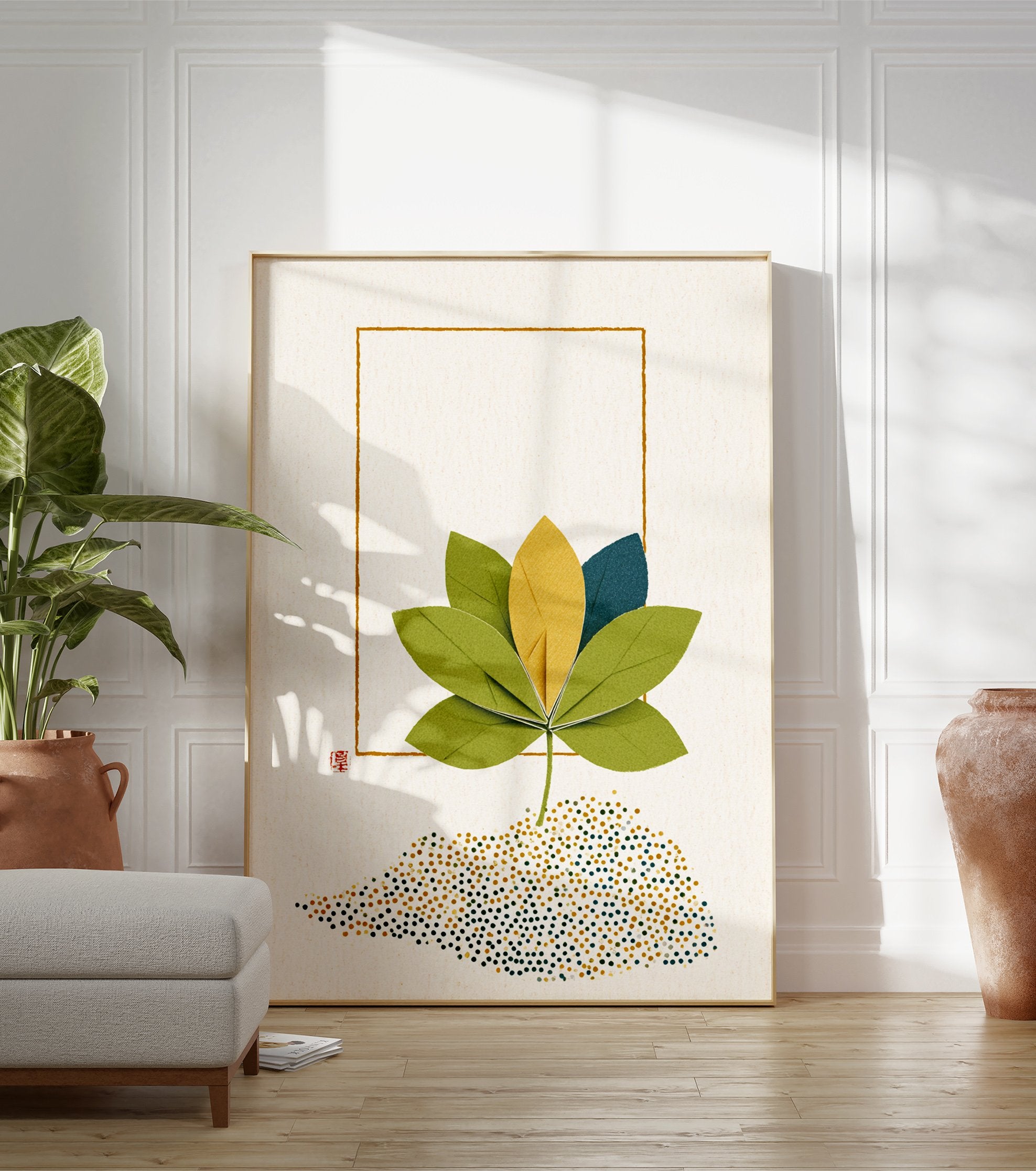 Modern botanical wall art print featuring a paper craft flower with green, yellow, and blue leaves, framed by a gold outline. - Image 3
