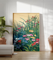 Vibrant botanical wall art print depicting a multi-color flower garden with tall green grasses and various blossoms. - Image 3