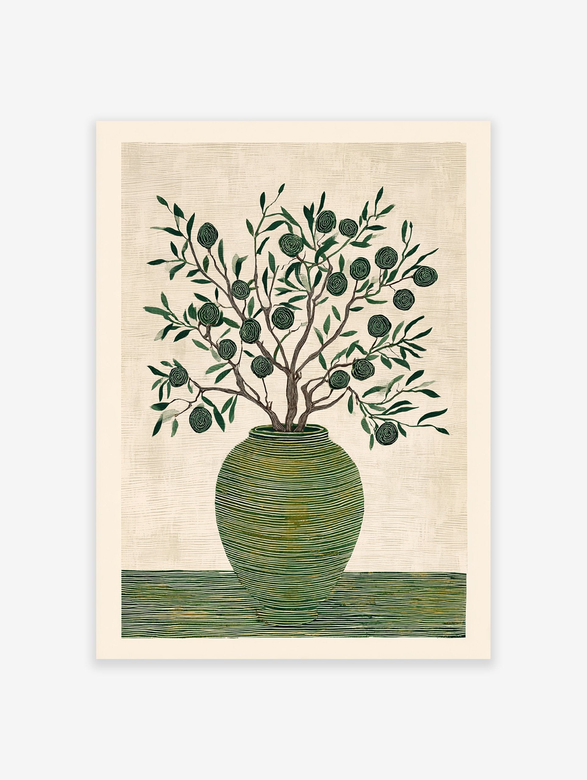 Stylized olive tree in a green striped vase botanical wall art print with spiraled fruits on a textured cream background.