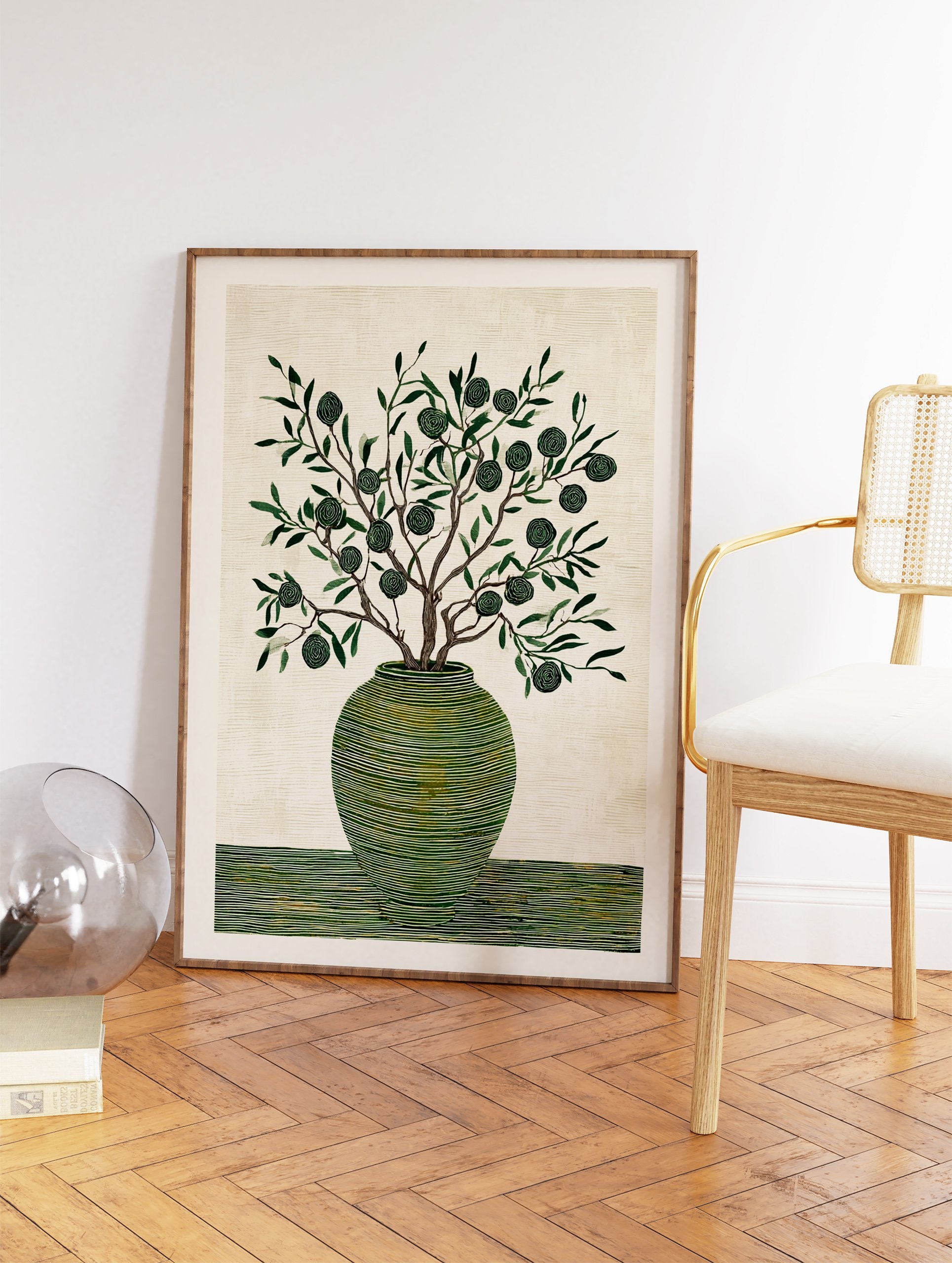 Stylized olive tree in a green striped vase botanical wall art print with spiraled fruits on a textured cream background. - Image 2