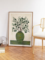 Stylized olive tree in a green striped vase botanical wall art print with spiraled fruits on a textured cream background. - Image 2