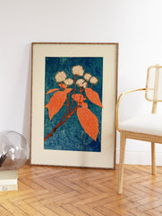 Botanical wall art print depicting a plant with round white flowers and large orange leaves on a blue textured background. - Image 2