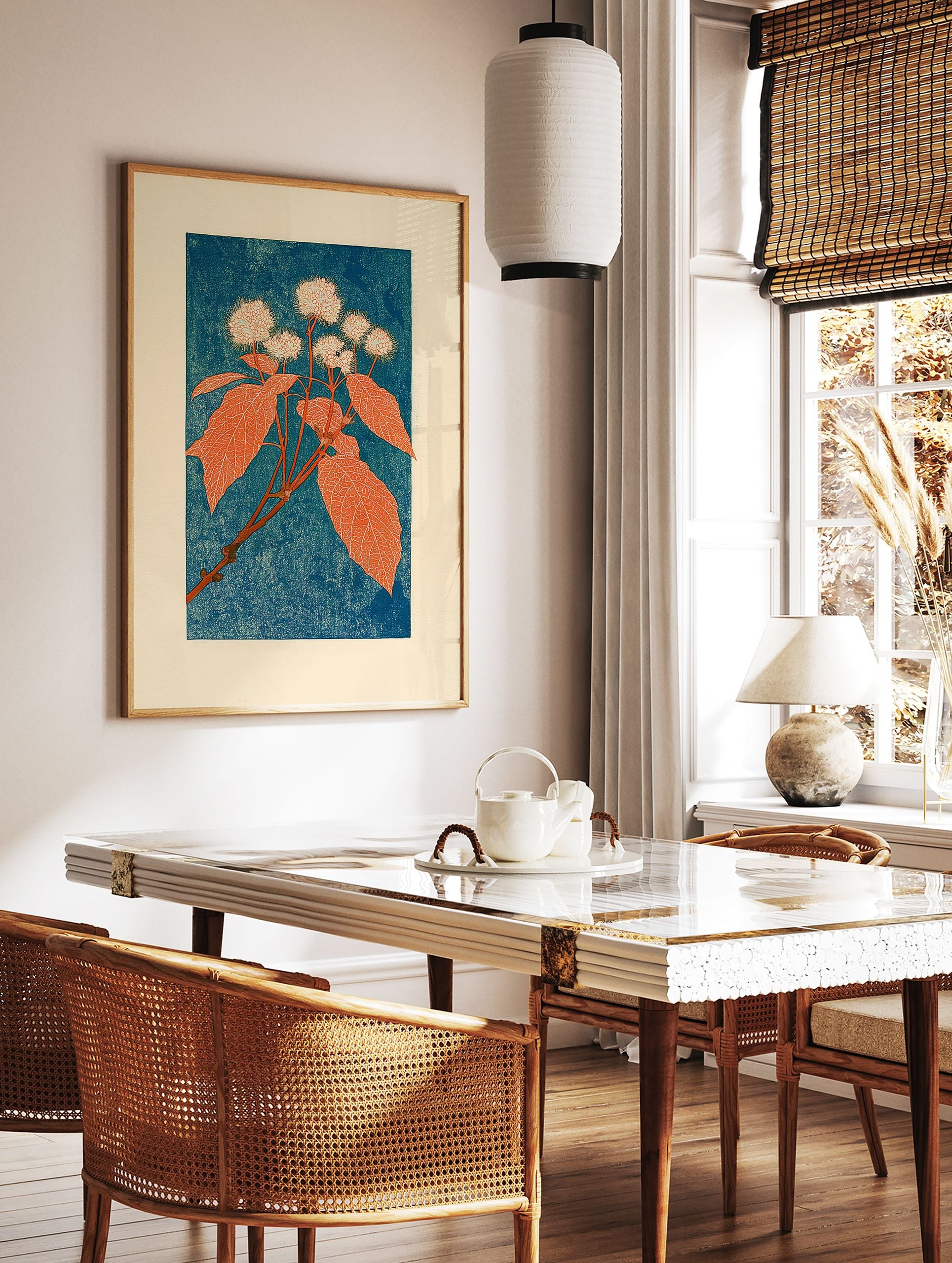 Botanical wall art print depicting a plant with round white flowers and large orange leaves on a blue textured background. - Image 3