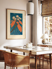 Botanical wall art print depicting a plant with round white flowers and large orange leaves on a blue textured background. - Image 3