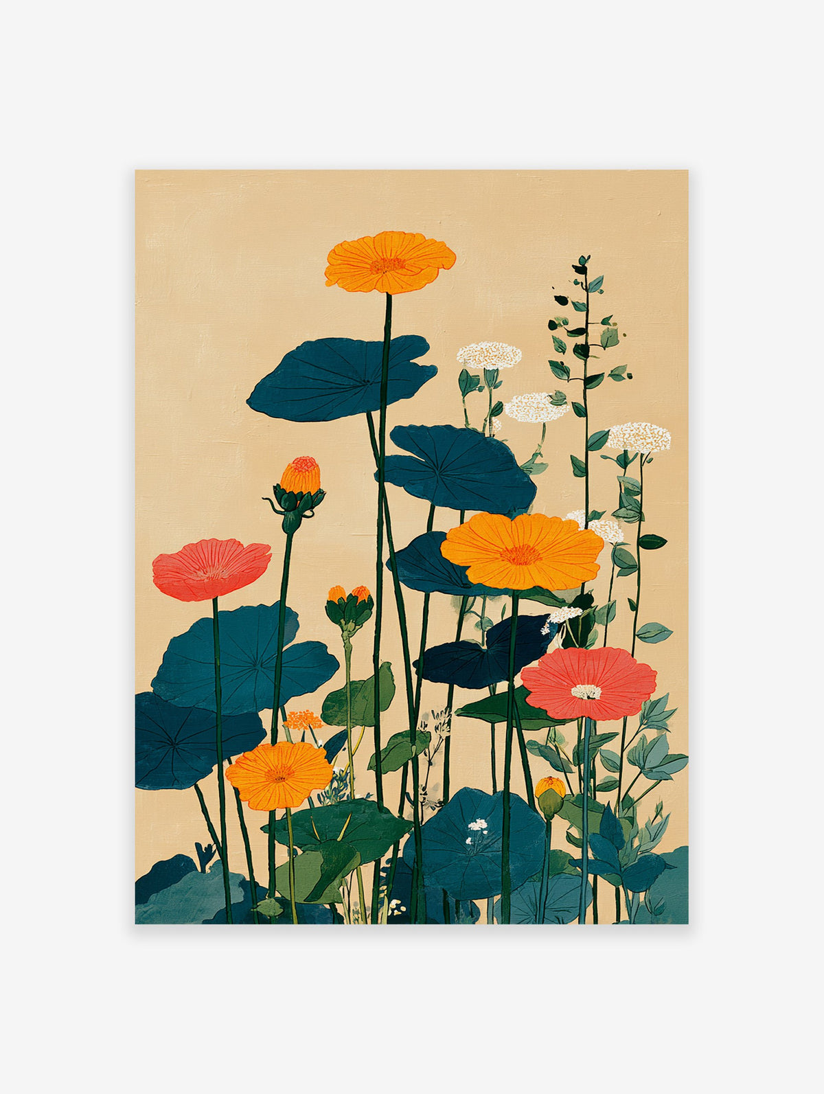 Vibrant botanical wall art painting featuring orange and red flowers with large dark teal leaves on a beige background.