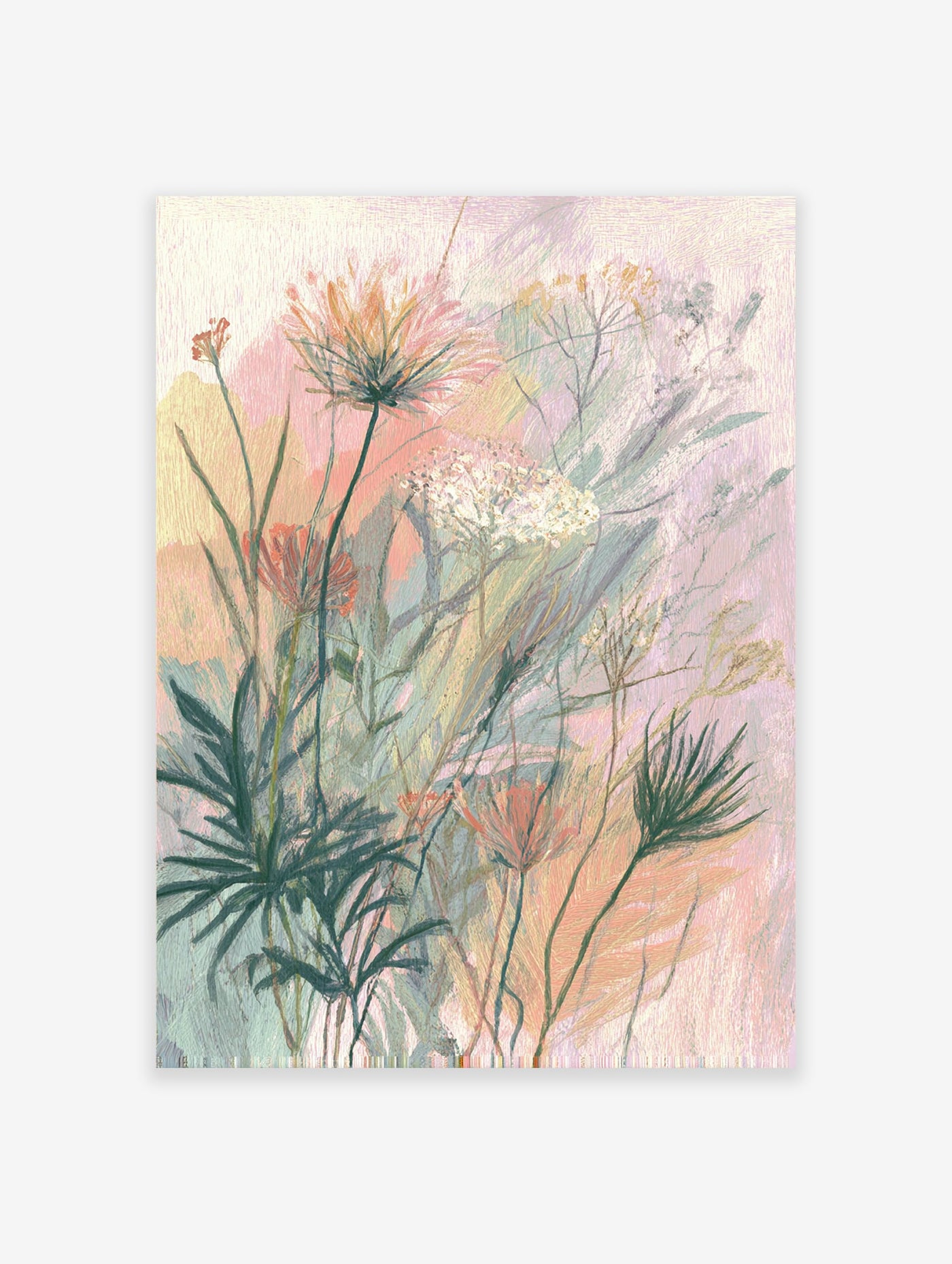Pastel botanical wall art featuring delicate pink and white wildflowers with green foliage on a textured background.