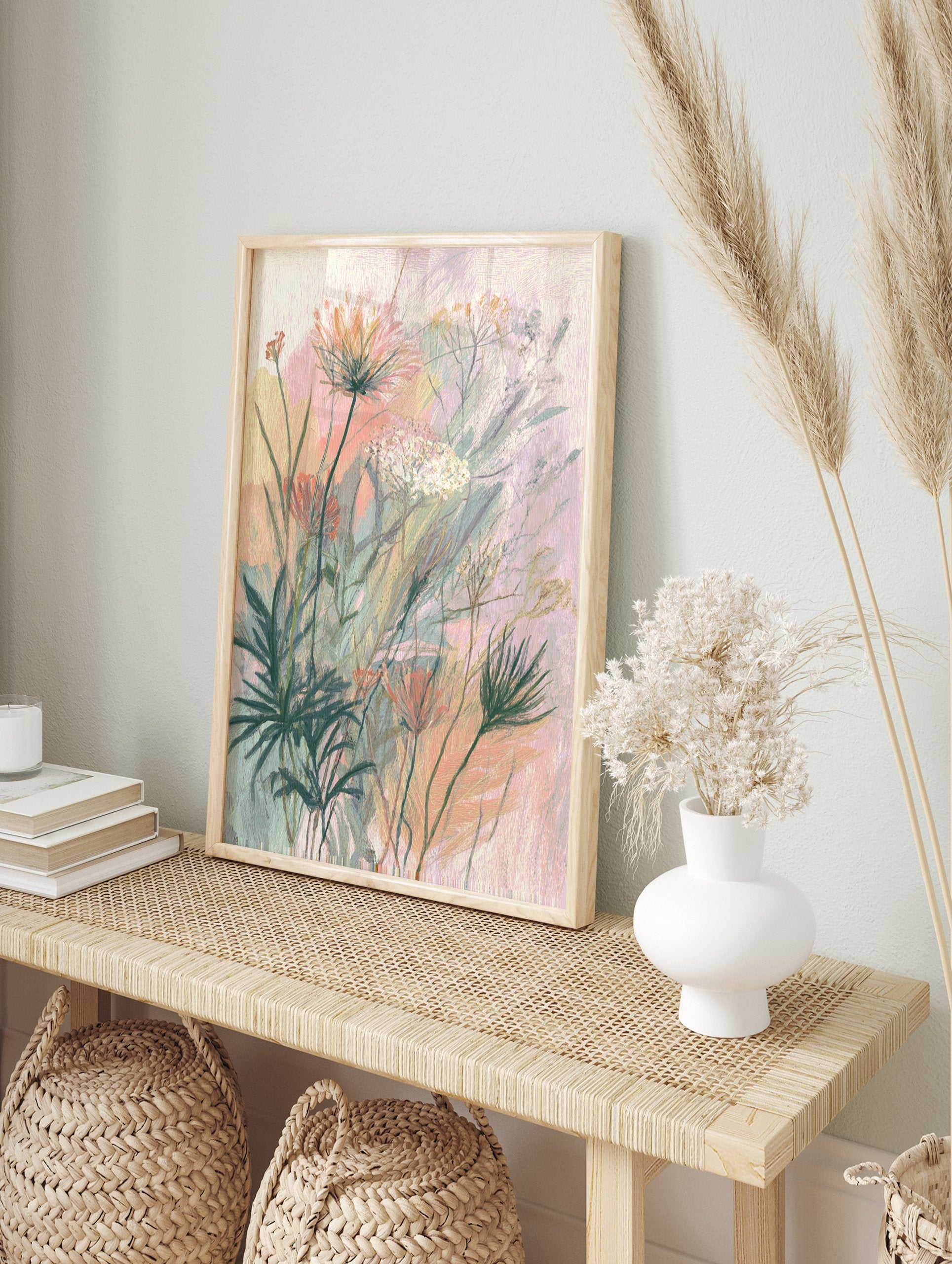 Pastel botanical wall art featuring delicate pink and white wildflowers with green foliage on a textured background. - Image 3