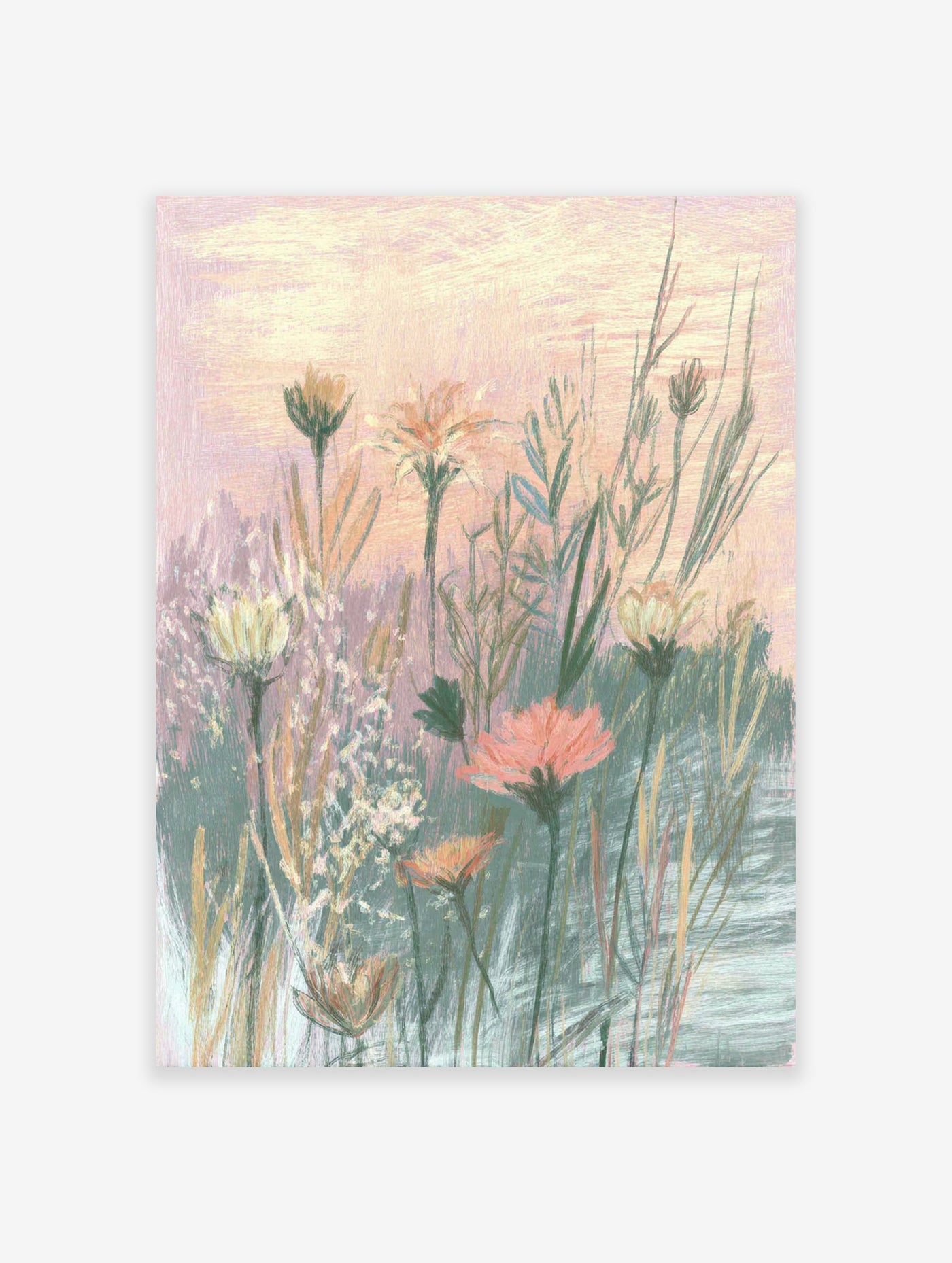 Pastel botanical wall art painting of wildflowers in a field with pink sky and green foliage, impressionist style.