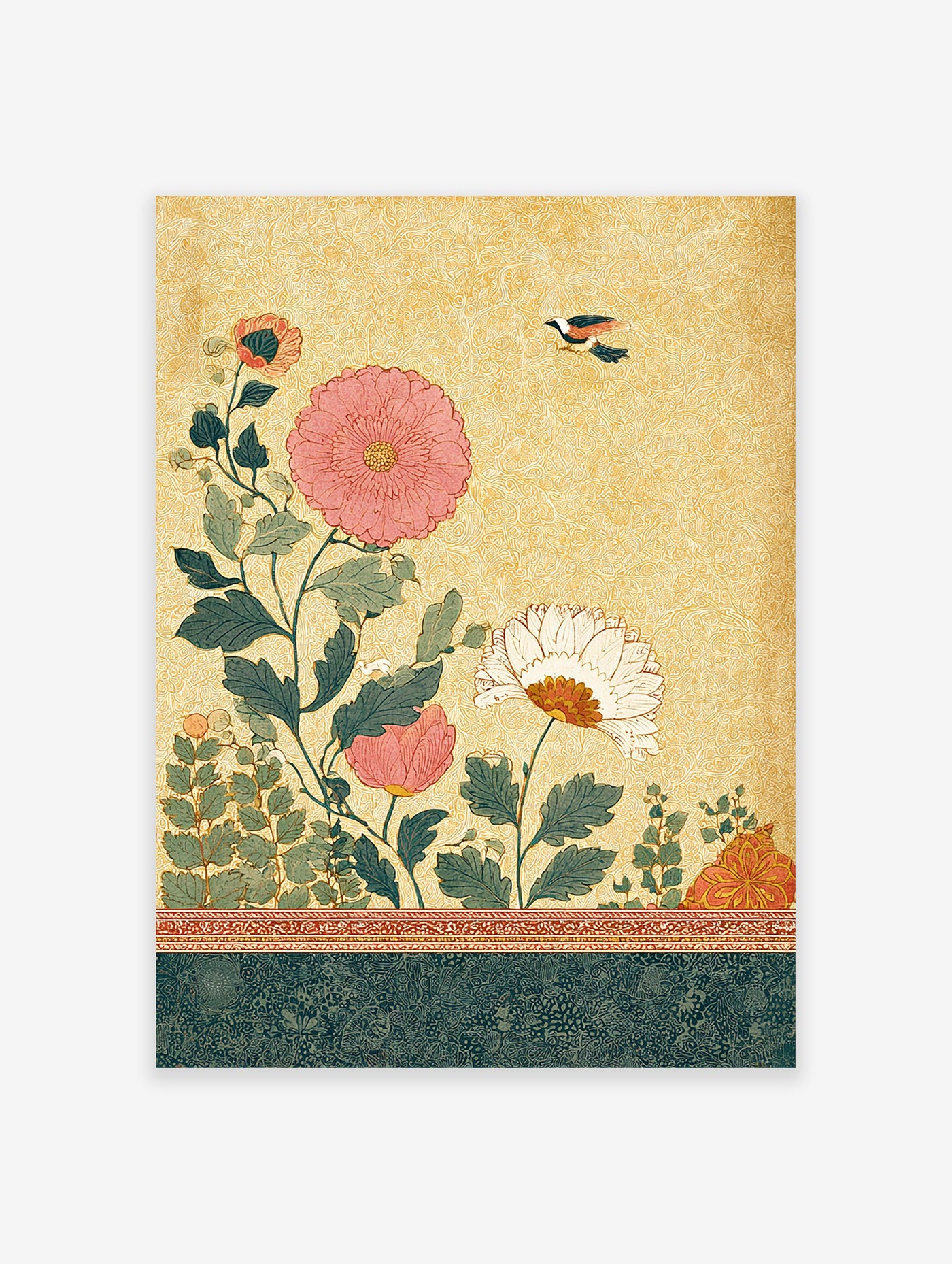 Botanical wall art print with pink and white flowers, green leaves, and a flying bird on a textured gold background, vintage style.