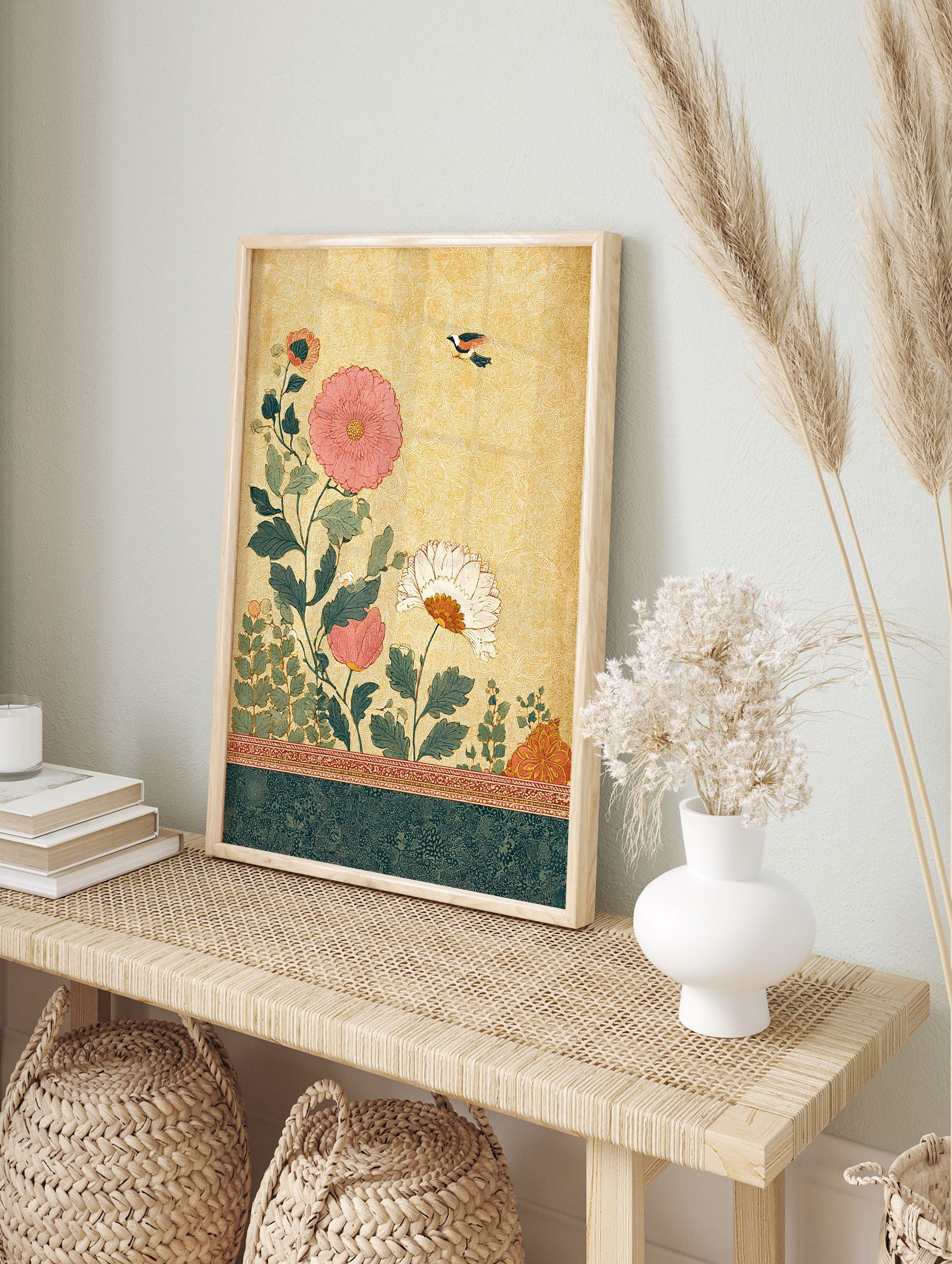 Botanical wall art print with pink and white flowers, green leaves, and a flying bird on a textured gold background, vintage style. - Image 3