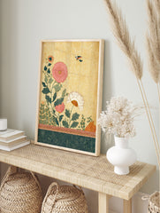 Botanical wall art print with pink and white flowers, green leaves, and a flying bird on a textured gold background, vintage style. - Image 3