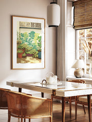 Botanical wall art illustration of potted plants and vibrant greenery on a sunlit patio with a decorative wall screen. - Image 2