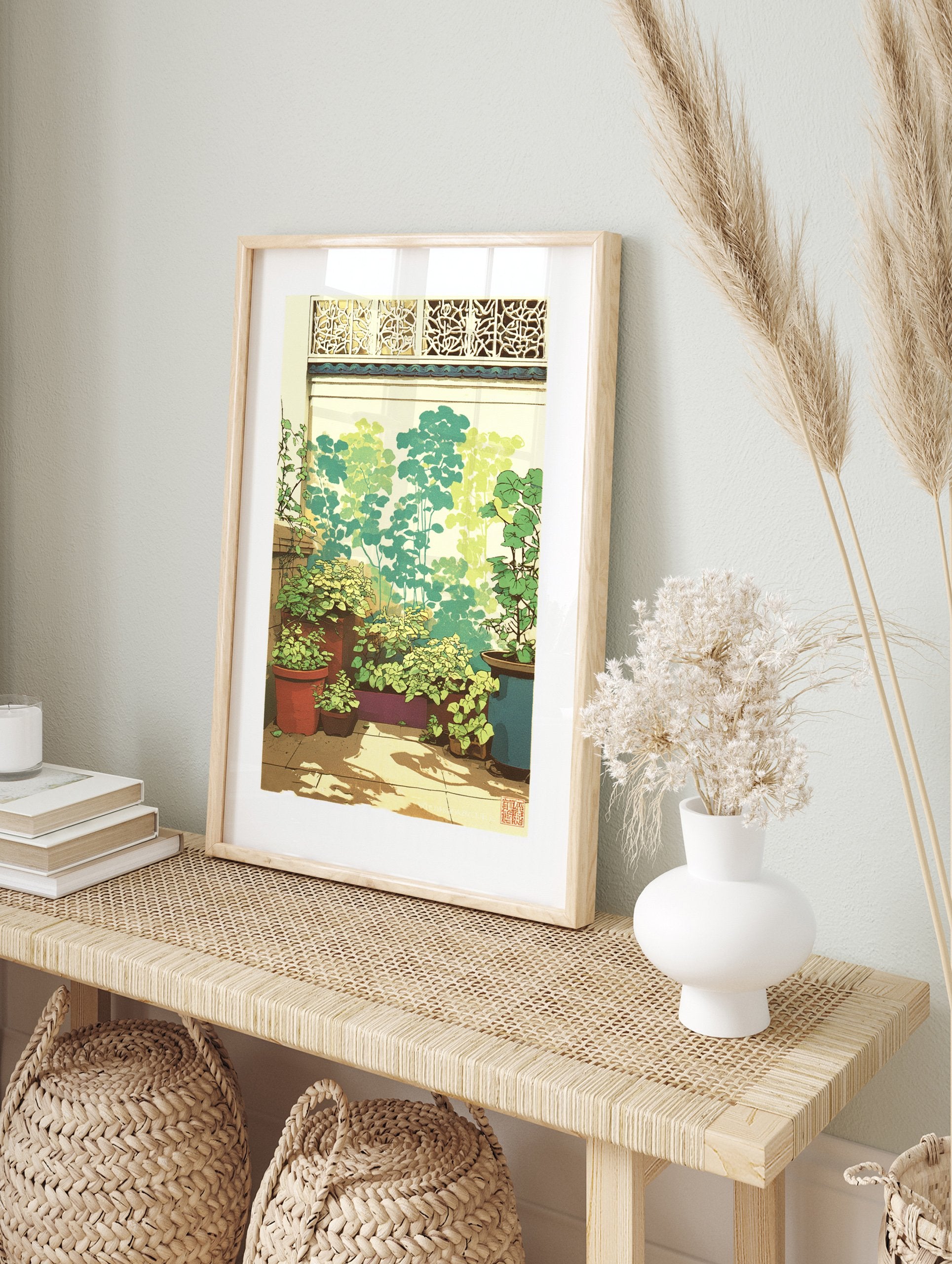 Botanical wall art illustration of potted plants and vibrant greenery on a sunlit patio with a decorative wall screen. - Image 3