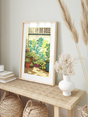 Botanical wall art illustration of potted plants and vibrant greenery on a sunlit patio with a decorative wall screen. - Image 3