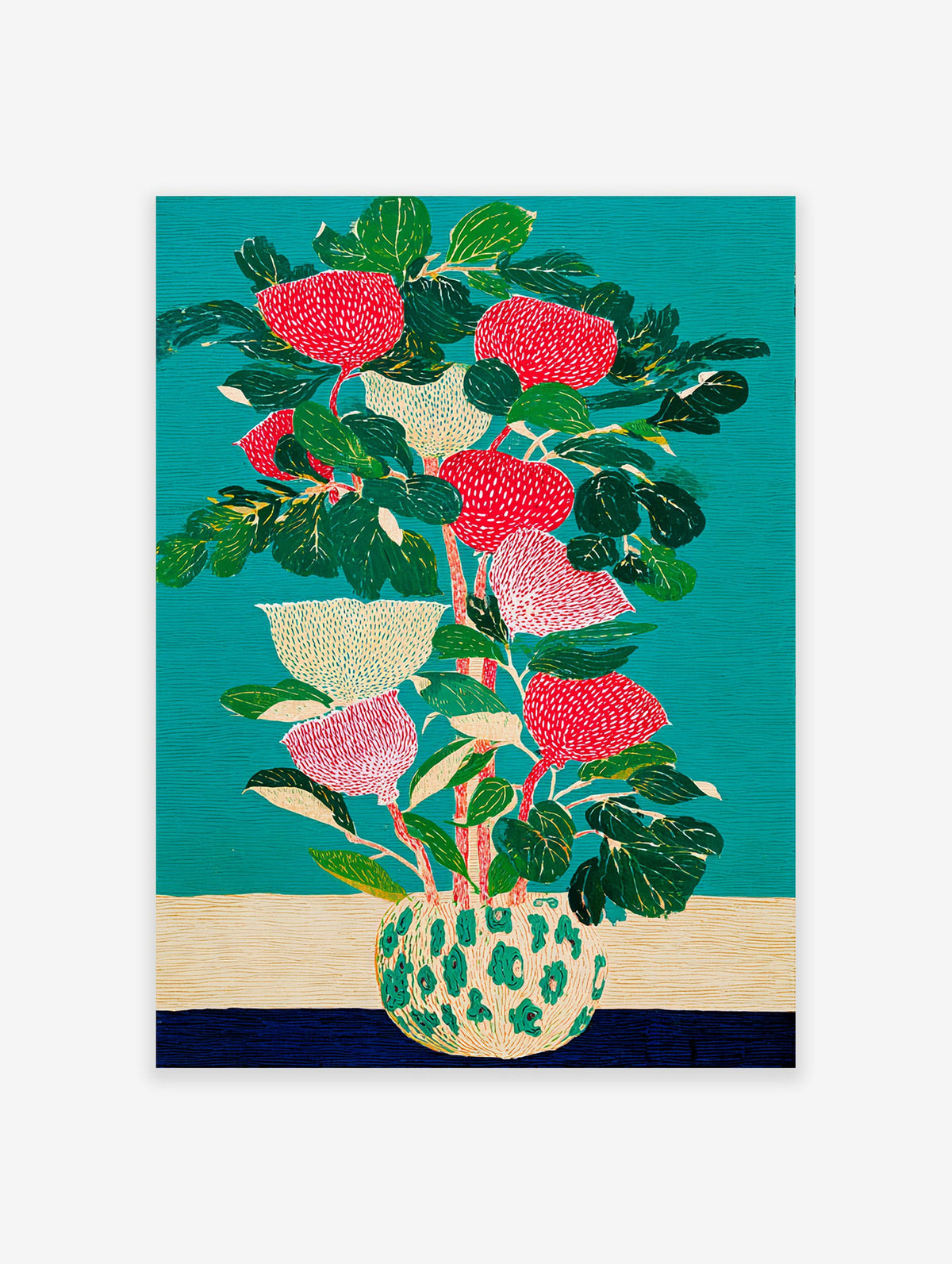 Illustrative botanical wall art print of red and cream flowers in a patterned vase against a teal background.