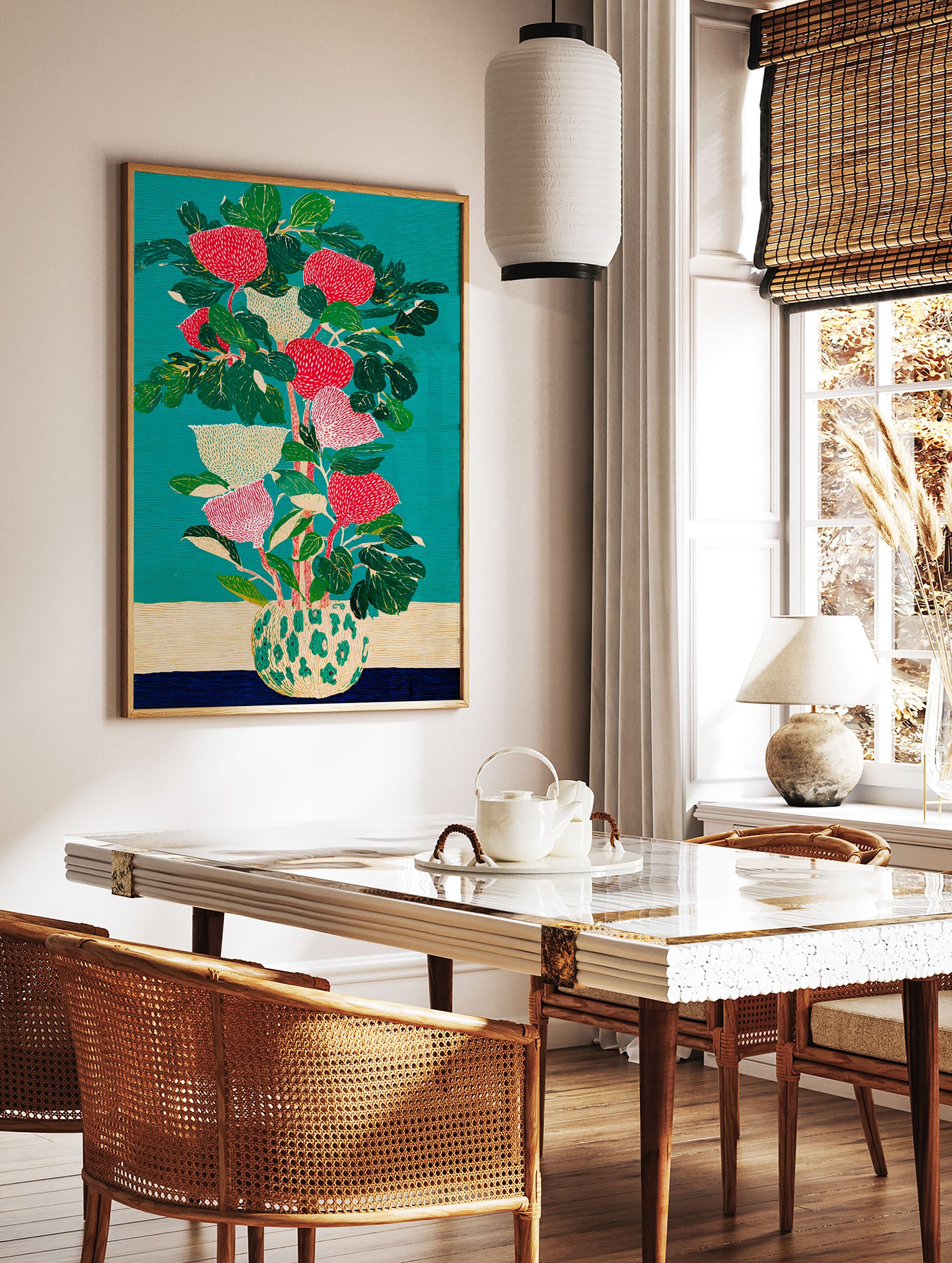 Illustrative botanical wall art print of red and cream flowers in a patterned vase against a teal background. - Image 2