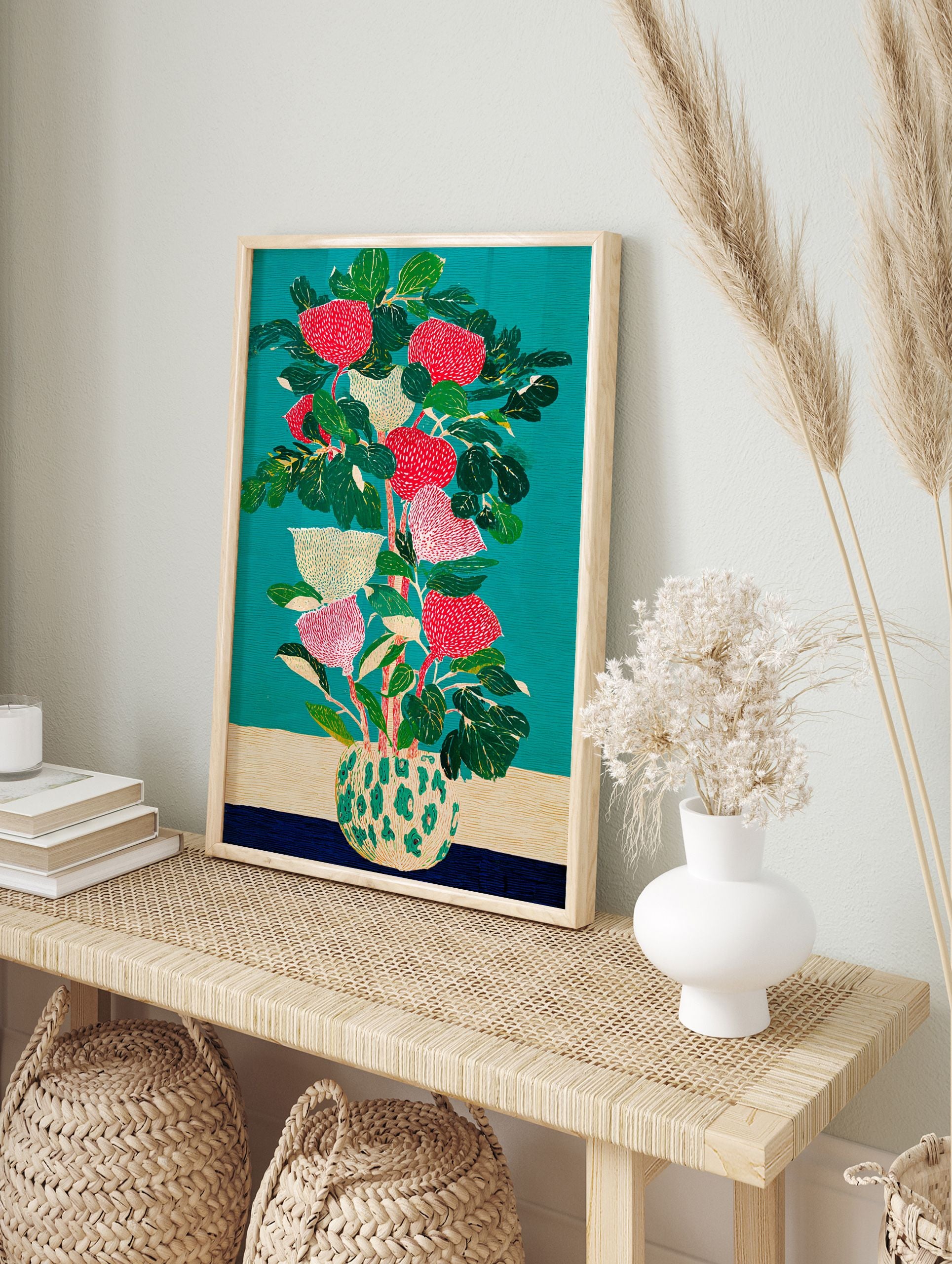 Illustrative botanical wall art print of red and cream flowers in a patterned vase against a teal background. - Image 3