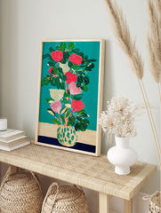 Illustrative botanical wall art print of red and cream flowers in a patterned vase against a teal background. - Image 3