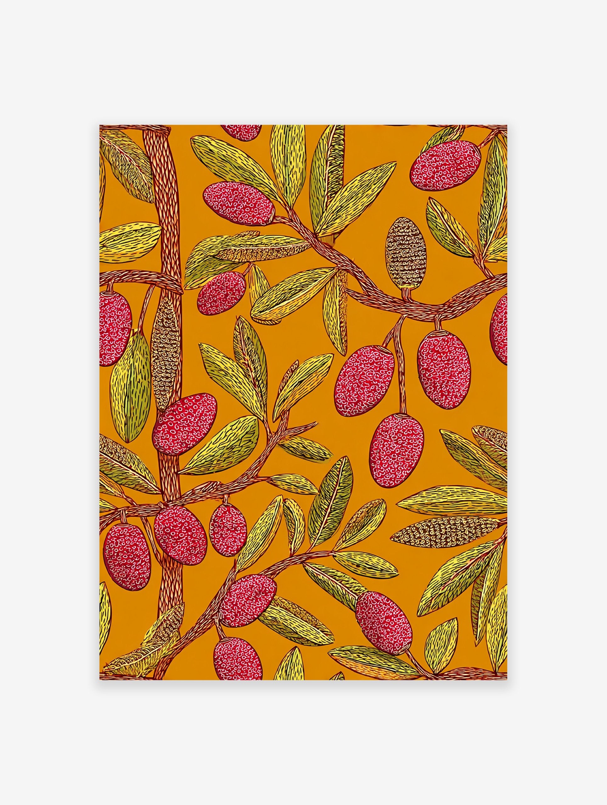 Vibrant botanical wall art print with red textured fruits, yellow leaves, and brown branches on an orange background.