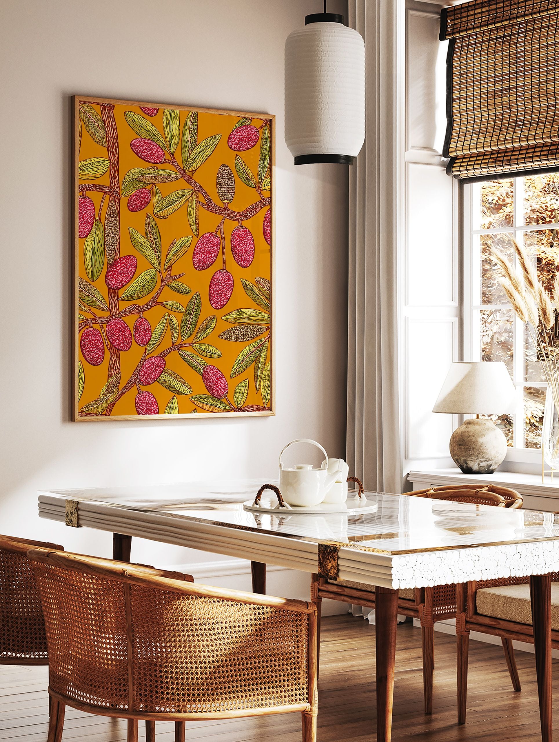 Vibrant botanical wall art print with red textured fruits, yellow leaves, and brown branches on an orange background. - Image 2