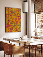 Vibrant botanical wall art print with red textured fruits, yellow leaves, and brown branches on an orange background. - Image 2