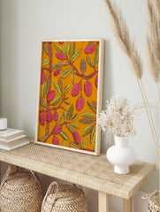 Vibrant botanical wall art print with red textured fruits, yellow leaves, and brown branches on an orange background. - Image 3