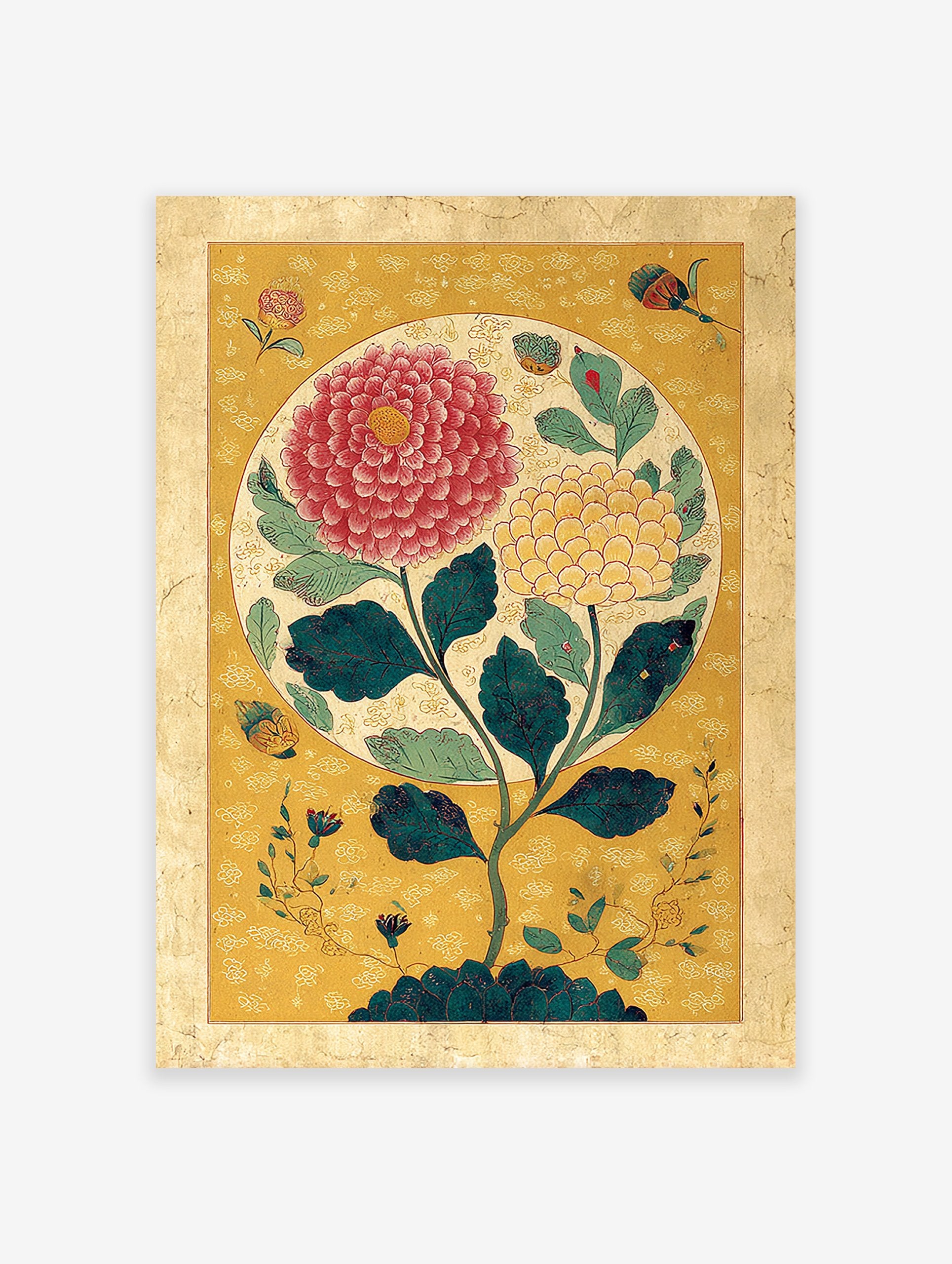 Traditional botanical wall art with large red and yellow flowers, green leaves, on a golden patterned background.