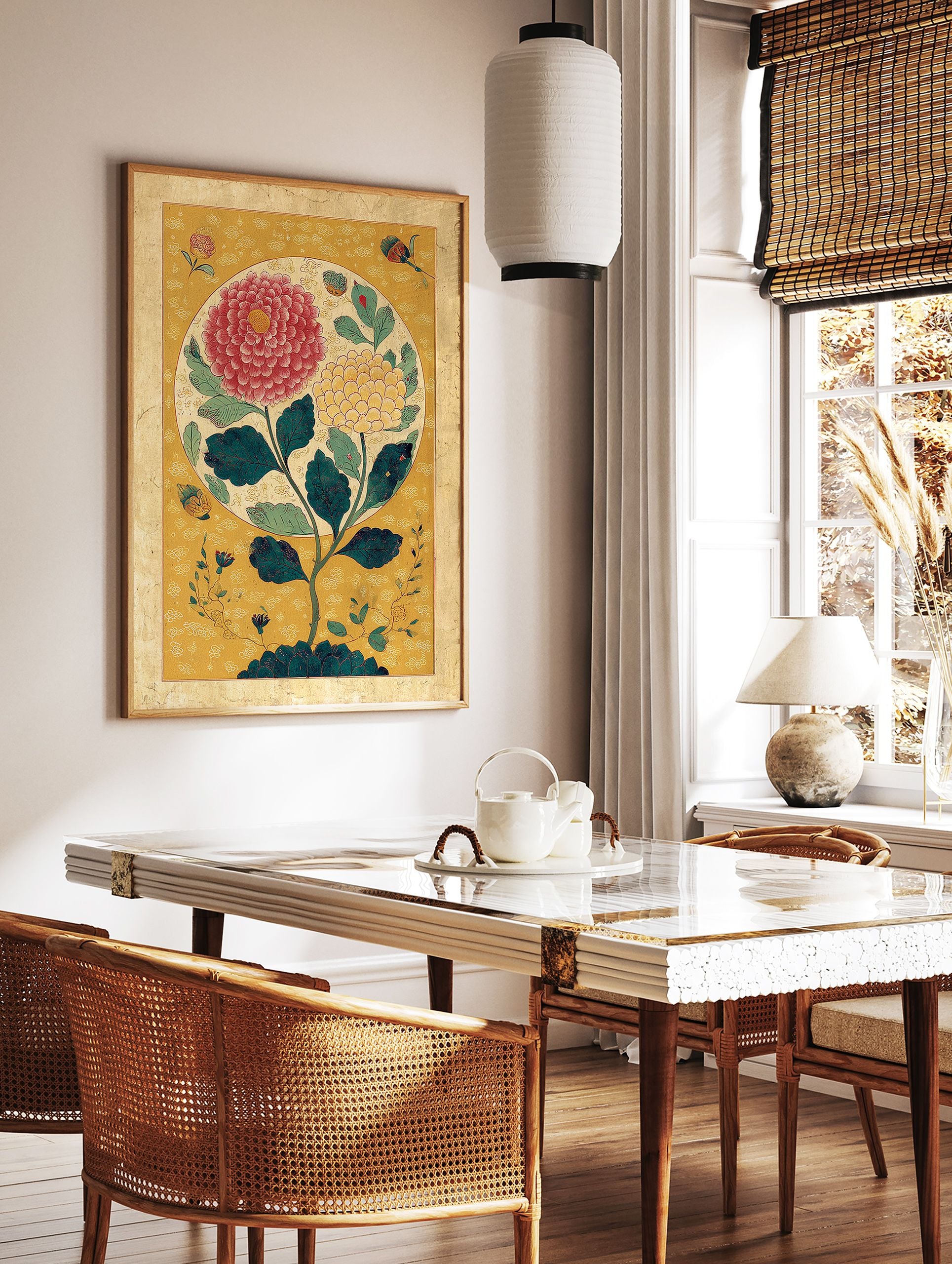 Traditional botanical wall art with large red and yellow flowers, green leaves, on a golden patterned background. - Image 2
