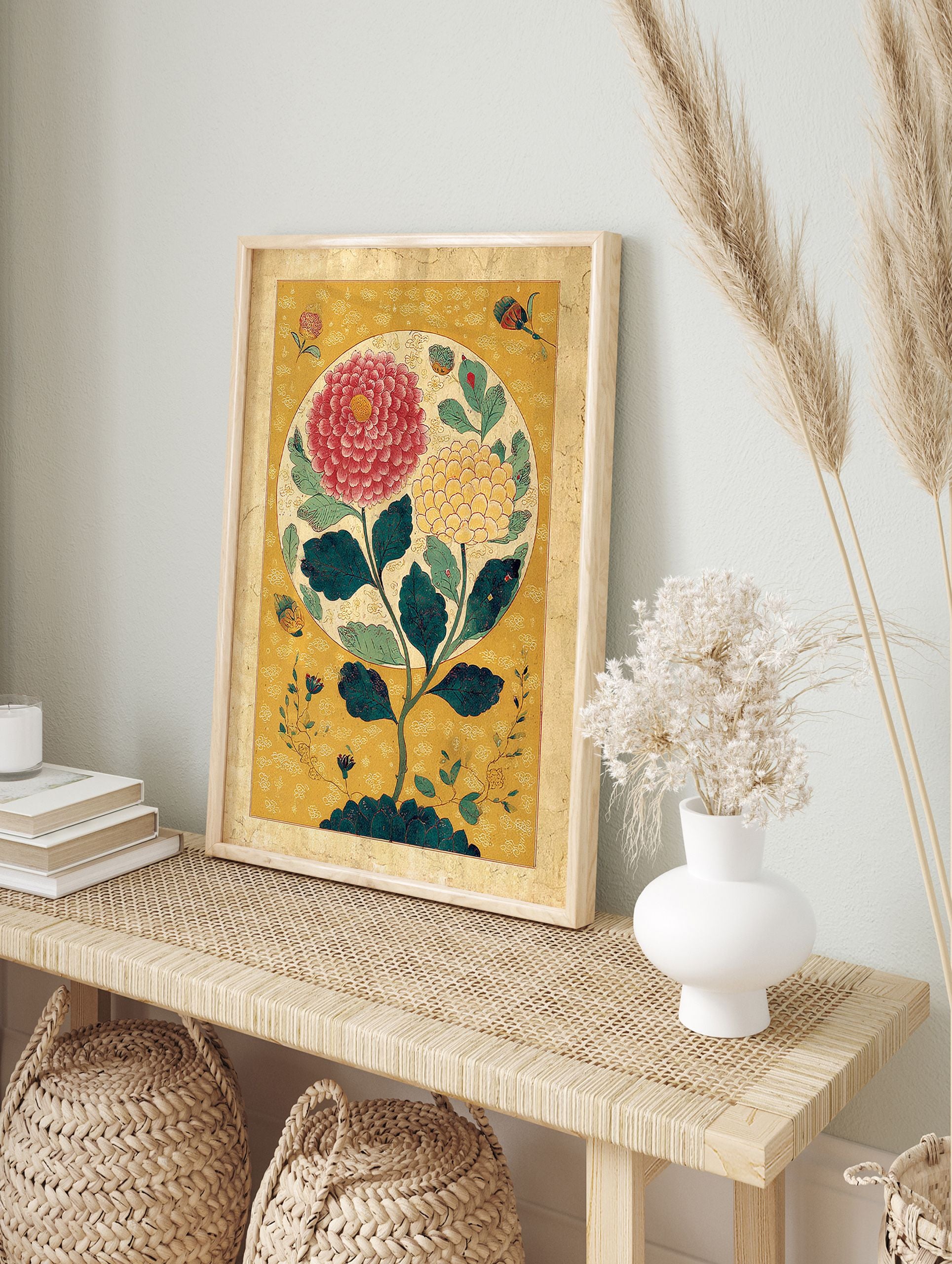 Traditional botanical wall art with large red and yellow flowers, green leaves, on a golden patterned background. - Image 3