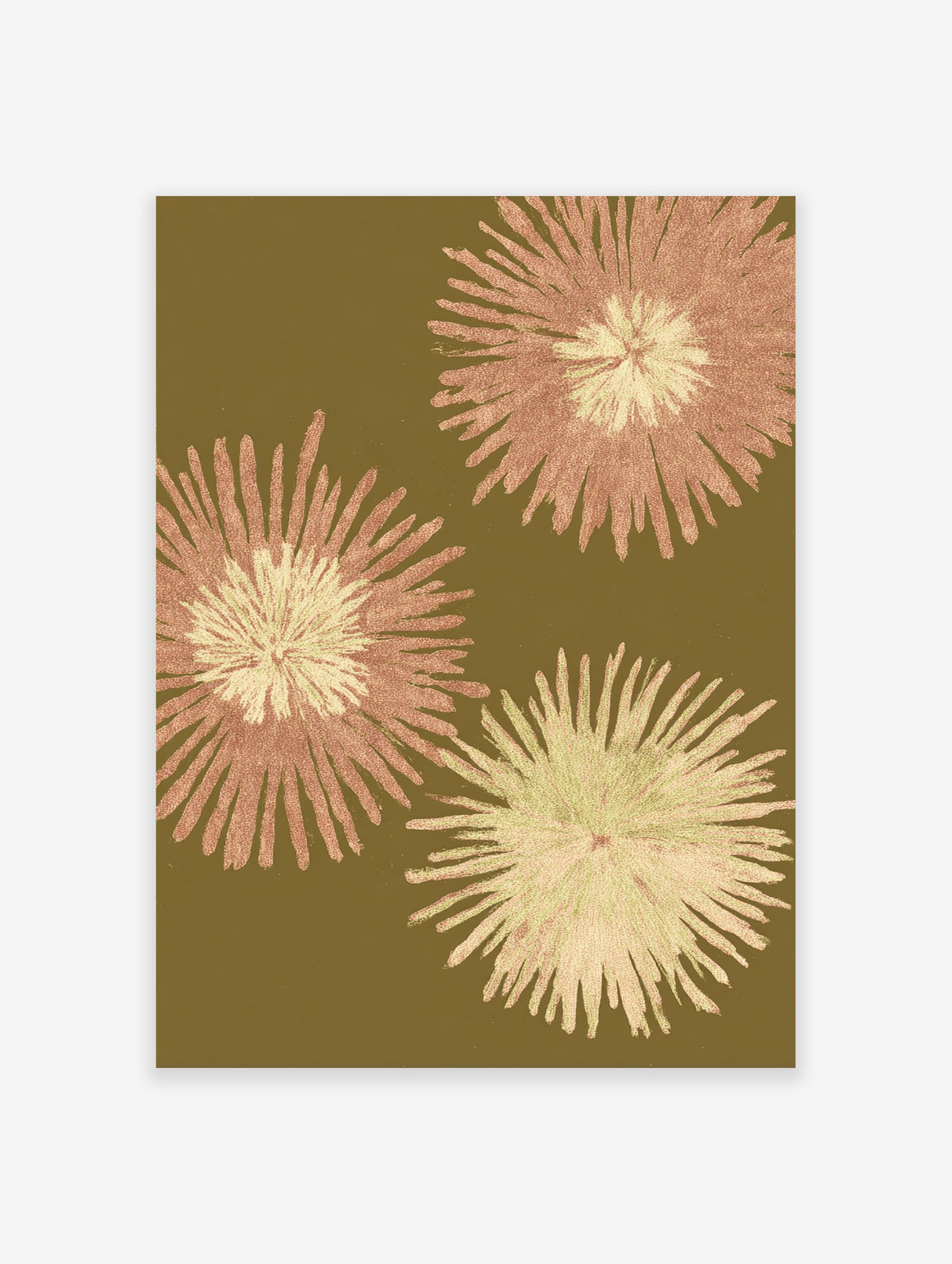 Botanical wall art with three textured rose gold and pale green floral prints on an olive green background.