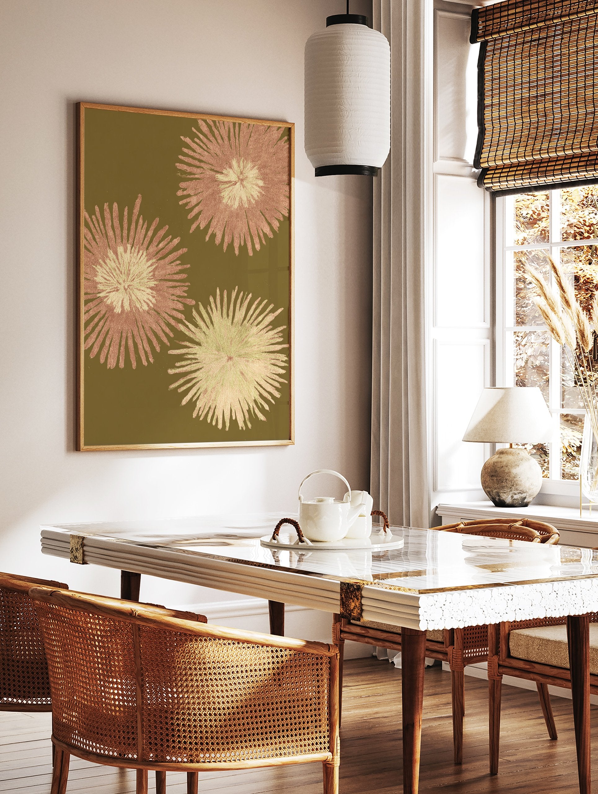 Botanical wall art with three textured rose gold and pale green floral prints on an olive green background. - Image 2