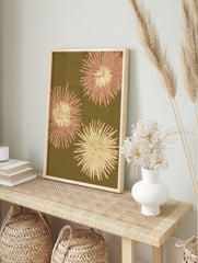 Botanical wall art with three textured rose gold and pale green floral prints on an olive green background. - Image 3