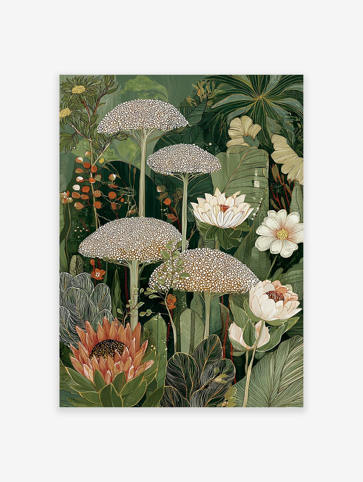 Lush botanical wall art illustration with green tropical leaves, white flowers, unique dotted plants, and a prominent protea.