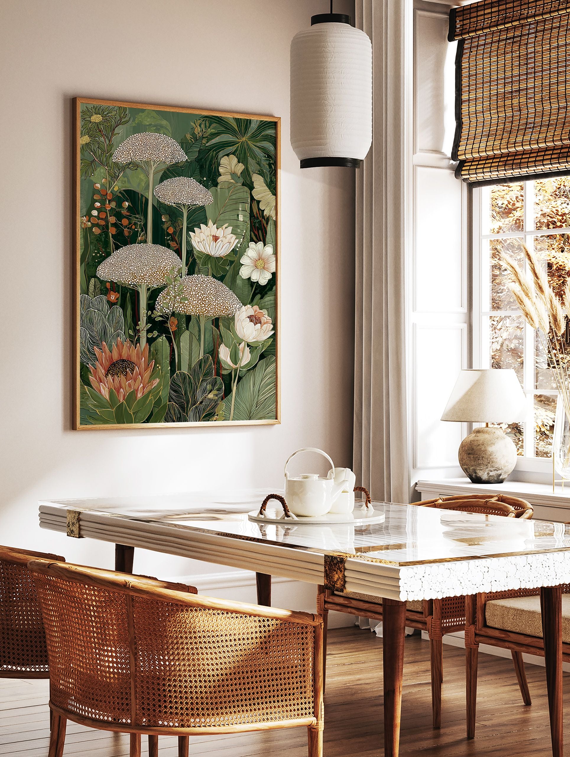 Lush botanical wall art illustration with green tropical leaves, white flowers, unique dotted plants, and a prominent protea. - Image 2