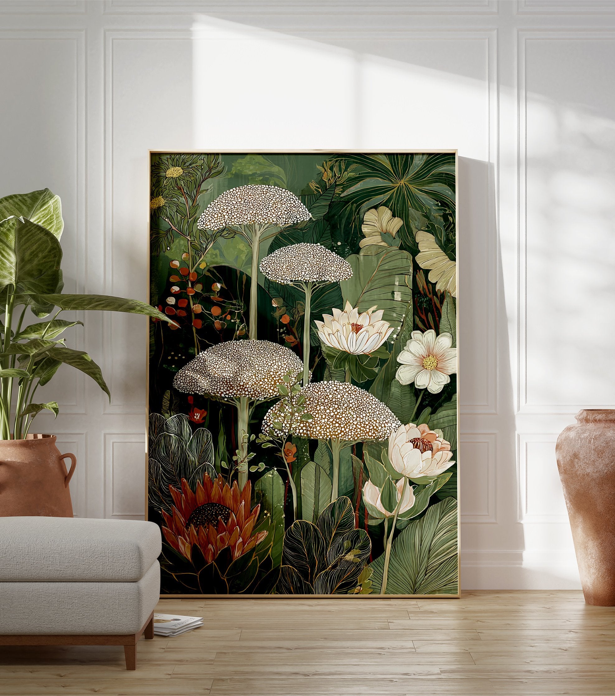 Lush botanical wall art illustration with green tropical leaves, white flowers, unique dotted plants, and a prominent protea. - Image 3