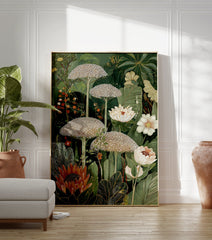 Lush botanical wall art illustration with green tropical leaves, white flowers, unique dotted plants, and a prominent protea. - Image 3