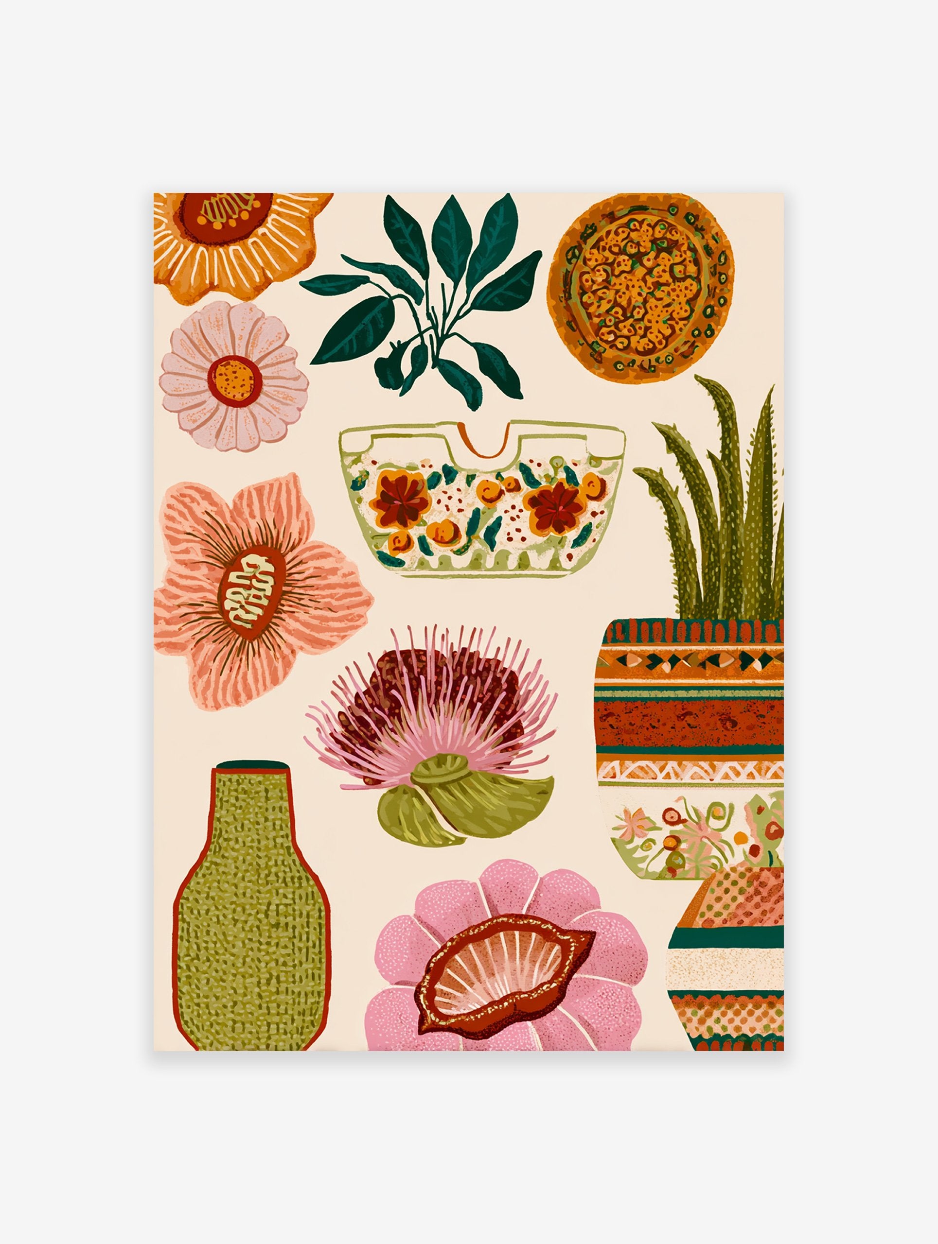 Vibrant botanical wall art illustration with various flowers, a potted succulent, and decorative elements on a light background.